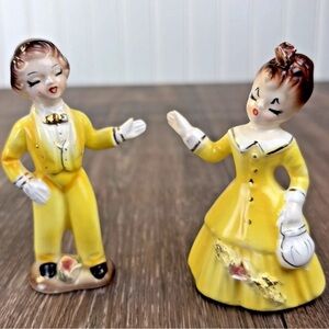 Pair of VTG 3.5" Arnart Hand Painted Porcelain Yellow Figurines Boy Girl Japan